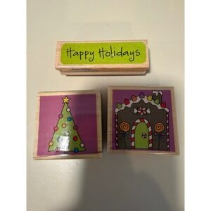 Hampton Art Christmas Wood Mounted Rubber Stamps Gingerbread Tree Happy Holidays